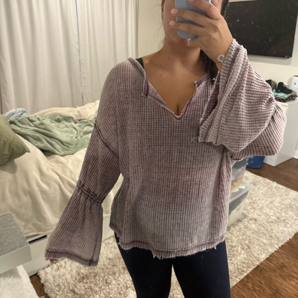 We The Free Wine distressed bell sleeve top